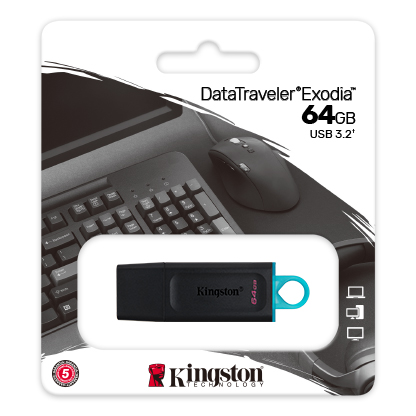 Juoda Kingston DataTraveler Exodia USB atmintinė su turkio kilpele baltoje 64 GB pakuotėje