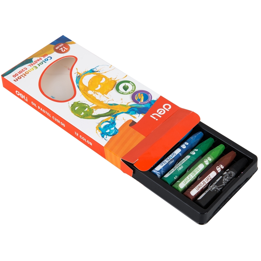 Praverta Deli Color Emotion 12 pastelių dėžutė, iš dešinės išstumtas juodas dėklas su penkiomis matomomis kreidelėmis