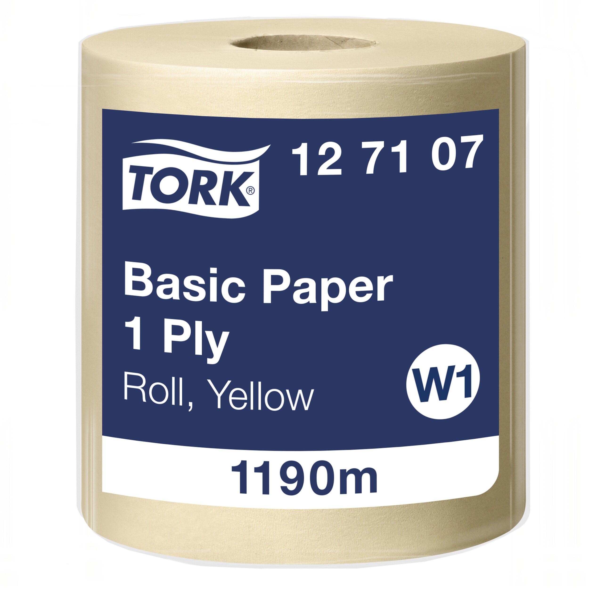 Stambus gelsvo Tork Basic Paper W1 ritinio vaizdas su mėlyna etikete, 1 Ply, Roll Yellow ir 1190m užrašais