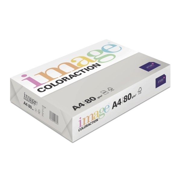 Šviesiai pilka Image Coloraction A4 biuro popieriaus pakuotė su įvairiaspalviu image užrašu, 80 g/m² ir Antalis ženklu