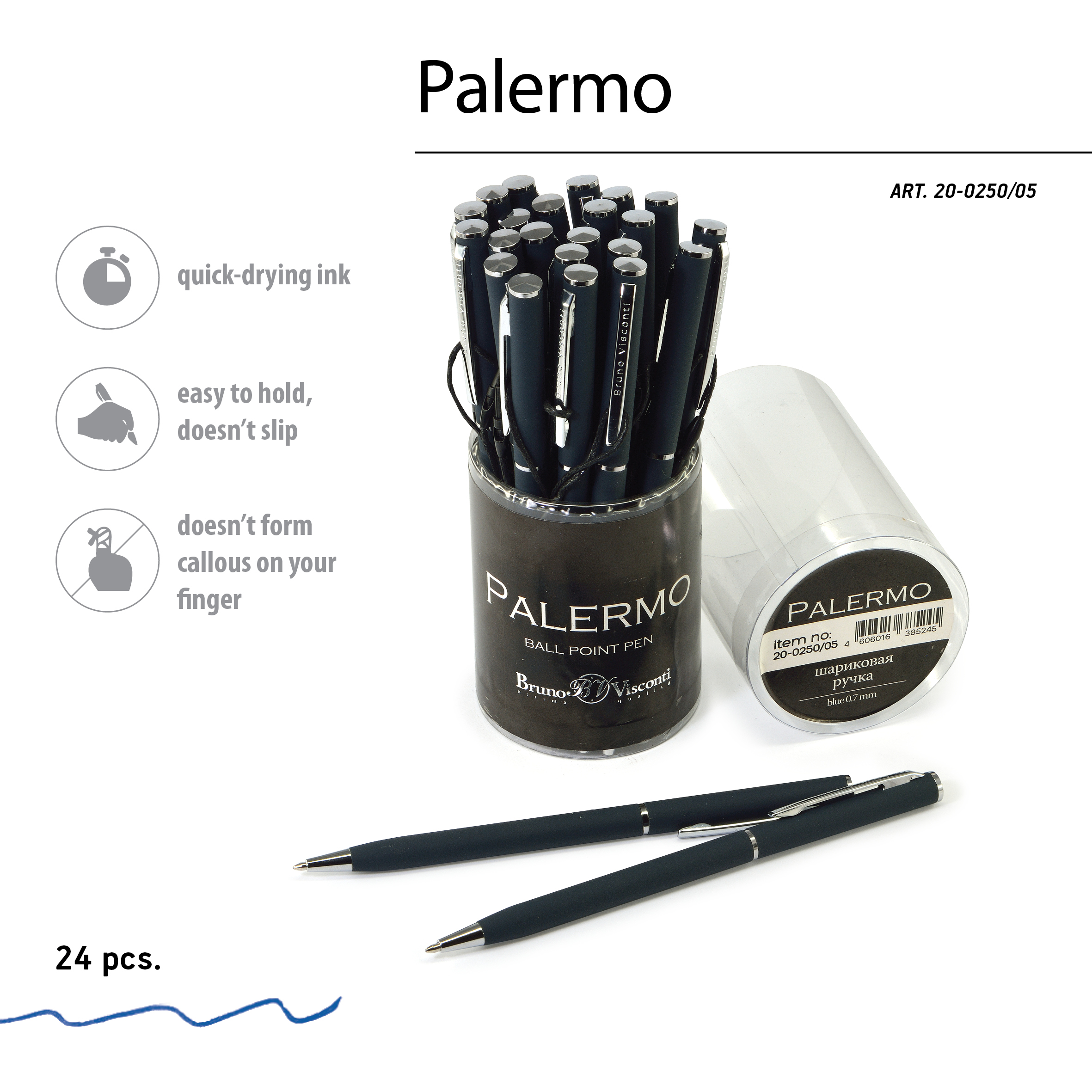 Tušinukas Bruno Visconti PALERMO 0,7mm, juodai mėlynos spalvos korpusas, mėlynos spalvos tušas