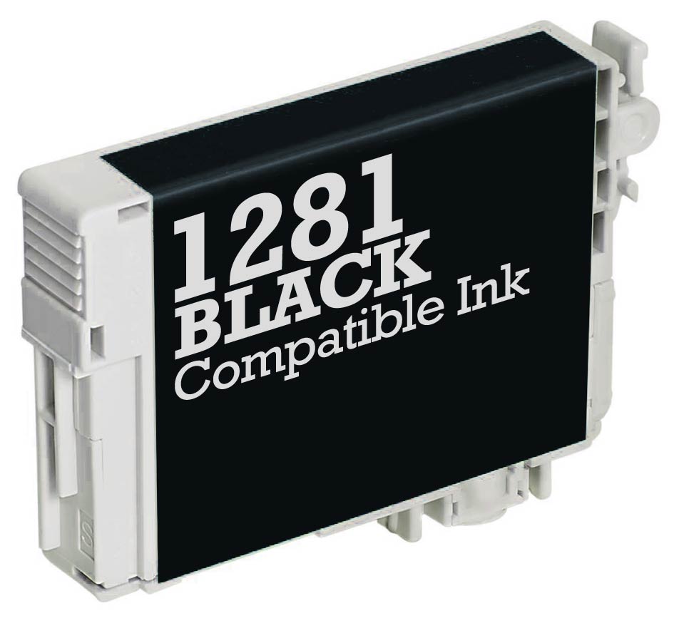 Balta rašalo kasetė su didele juoda etikete „1281 BLACK Compatible Ink“, šoniniais grioveliais ir išsikišimais