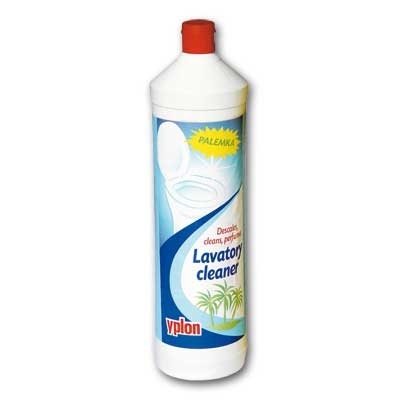 Baltas Yplon Lavatory Cleaner butelis su raudonu dangteliu, klozeto iliustracija, mėlyna banga ir palmių piešiniu