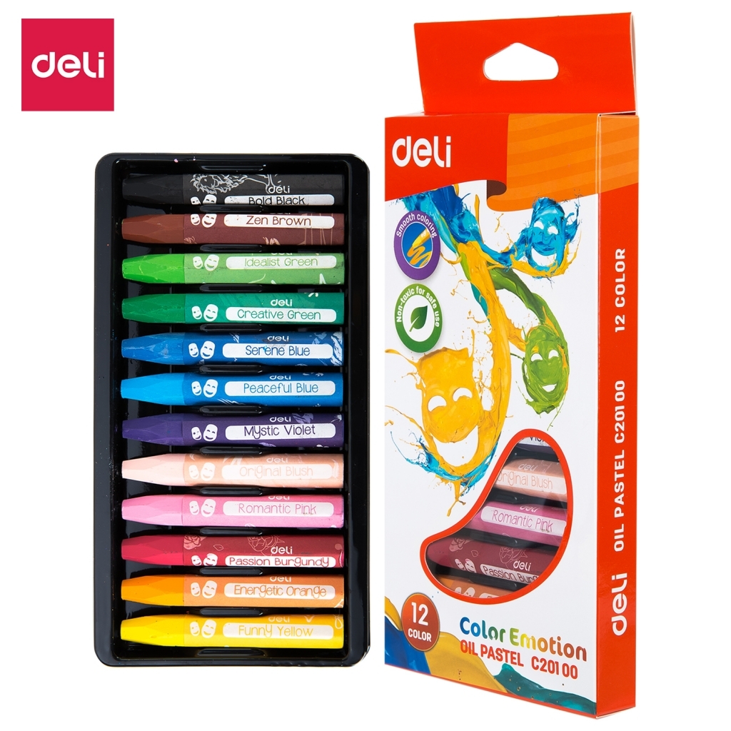 Deli Color Emotion 12 aliejinių pastelių juodas dėklas šalia baltos oranžinės dėžutės su kaukių piešiniais ir 12 Color žyma