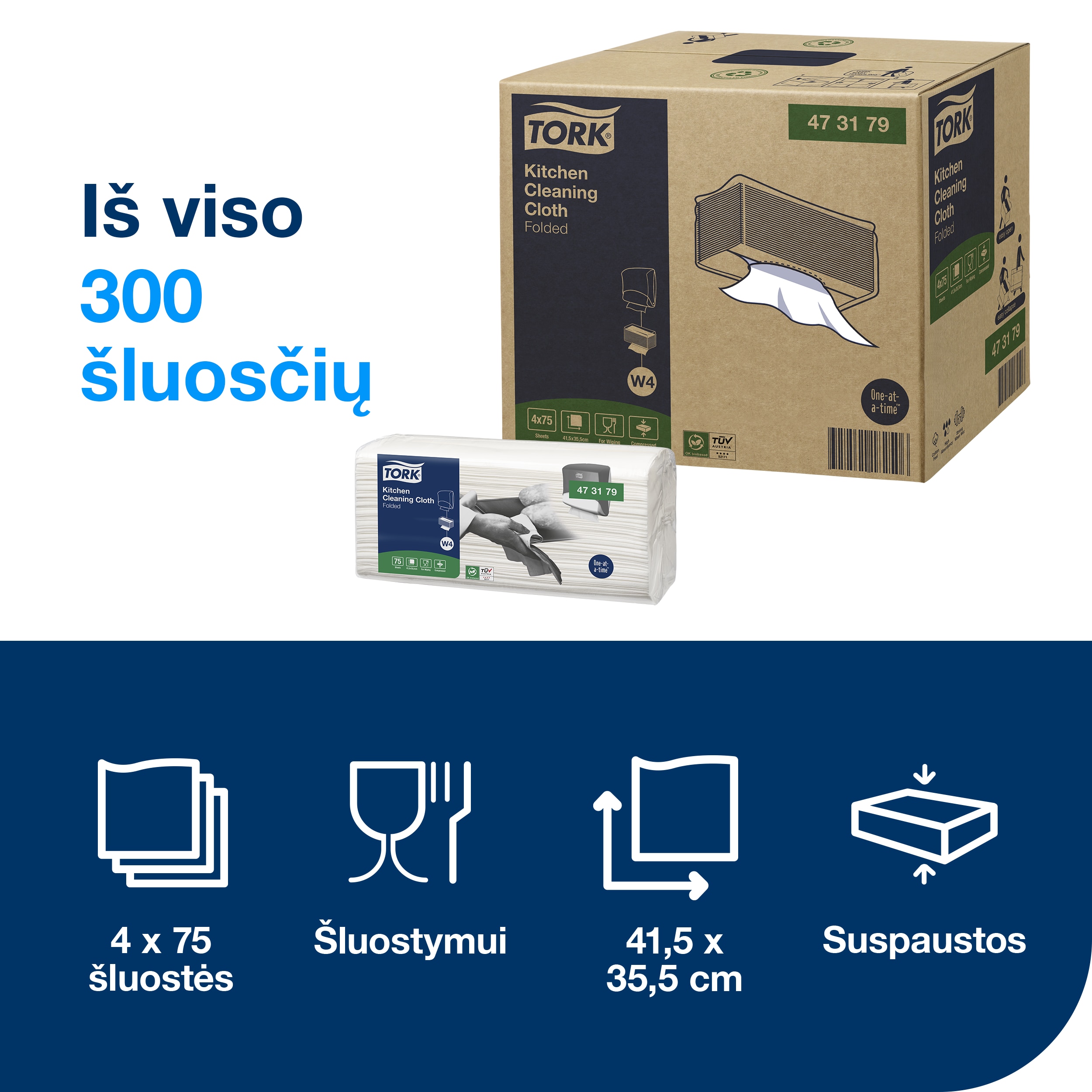 Tork W4 dėžė ir pakuotė šalia užrašo Iš viso 300 šluosčių bei savybių piktogramų