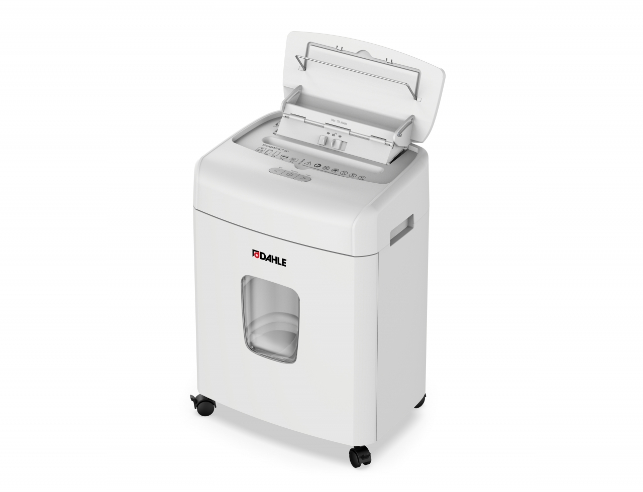 Baltas Dahle ShredMATIC 90 naikiklis su atvertu dangčiu, popieriaus tiektuvu, priekiniu langu ir ratukais