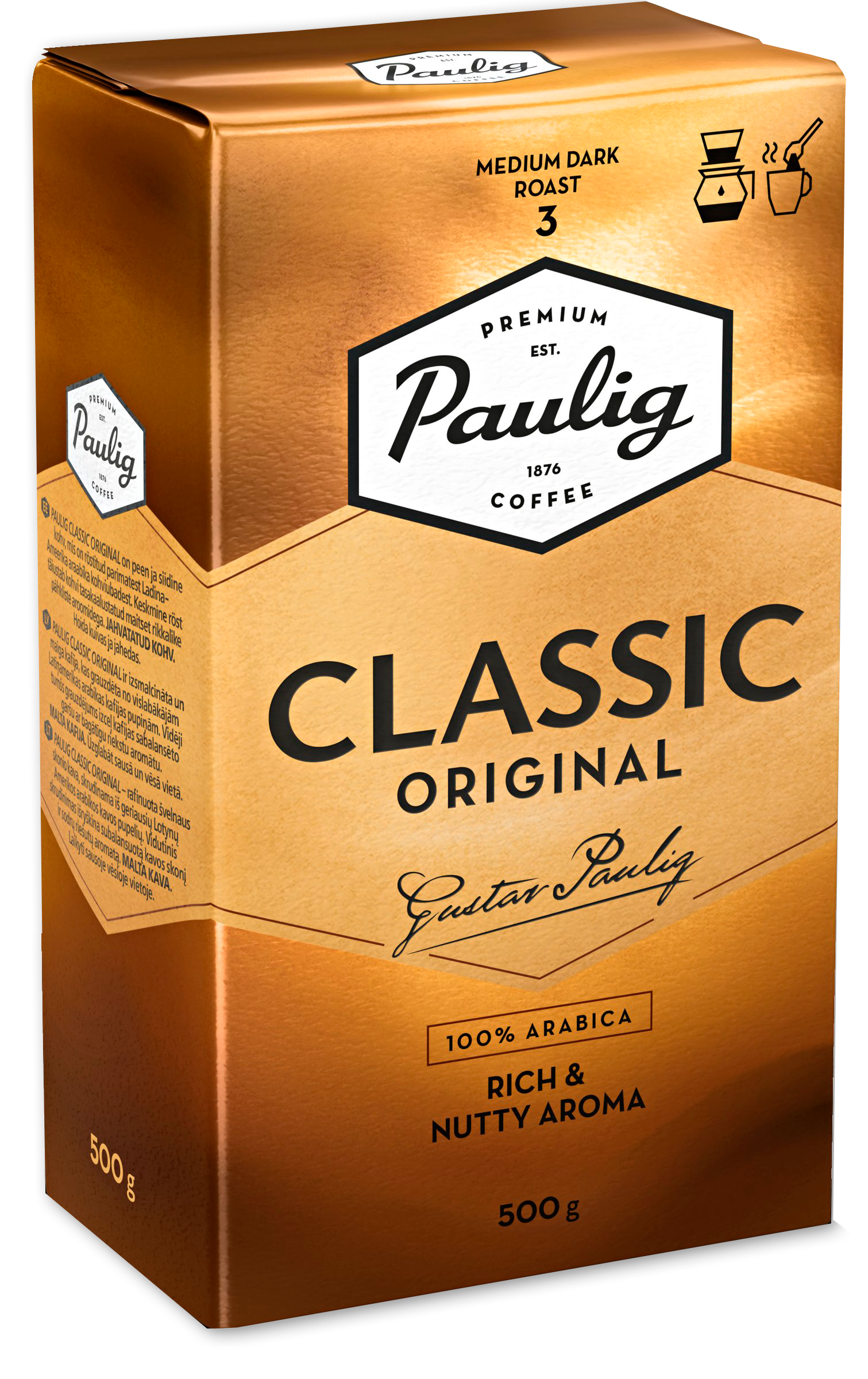 Aukso ir rudos spalvos Paulig Classic Original maltos kavos 500 g pakuotė su Premium Coffee ženklu ir skrudinimo lygiu 3