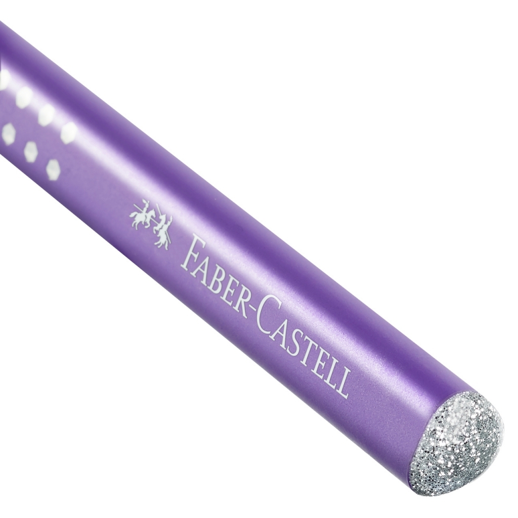 Stambus violetinio Faber-Castell Jumbo Sparkle pieštuko galo vaizdas su sidabrinių blizgučių plokštuma