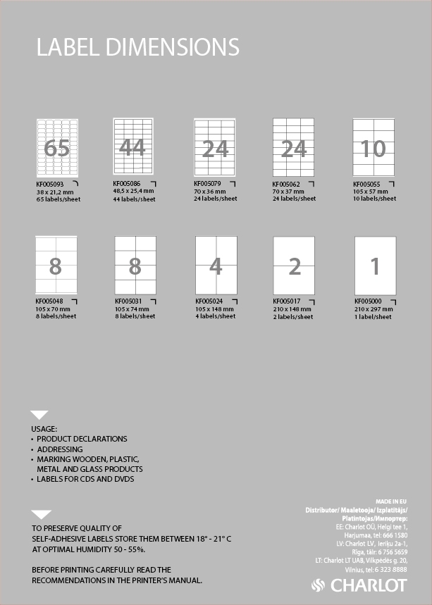 Pilka Label Dimensions lentelė su 65, 44, 24, 10, 8, 4, 2 ir 1 etiketės lape variantais