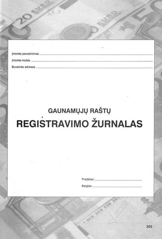 Gaunamų raštų registravimo žurnalo A4 viršelis su pilku dokumentų koliažu, baltu pavadinimo lauku ir įrašų eilutėmis