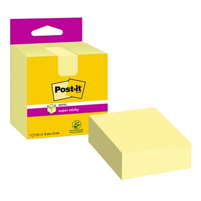 Geltonų Post-it Super Sticky lapelių blokelis šalia geltonos dėžutės su violetine pakabinimo juosta ir perdirbimo ženklu