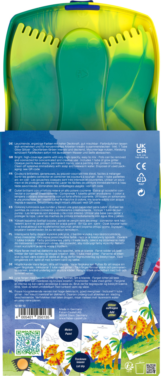 Faber-Castell Connector pakuotės nugarėlė su geltonai žaliu dėklu, daugiakalbiu tekstu, kodais ir piešimo instrukcijomis