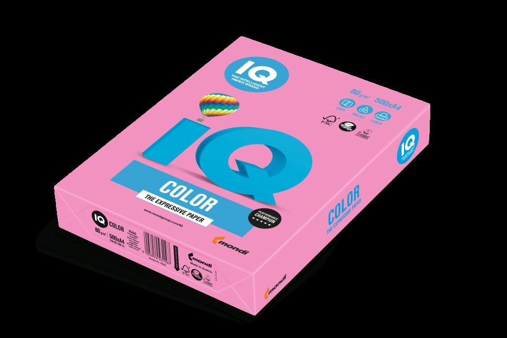 Ryškiai rožinė IQ Color A4 80 g/m² 500 lapų popieriaus pakuotė juodame fone su mėlynu IQ ženklu