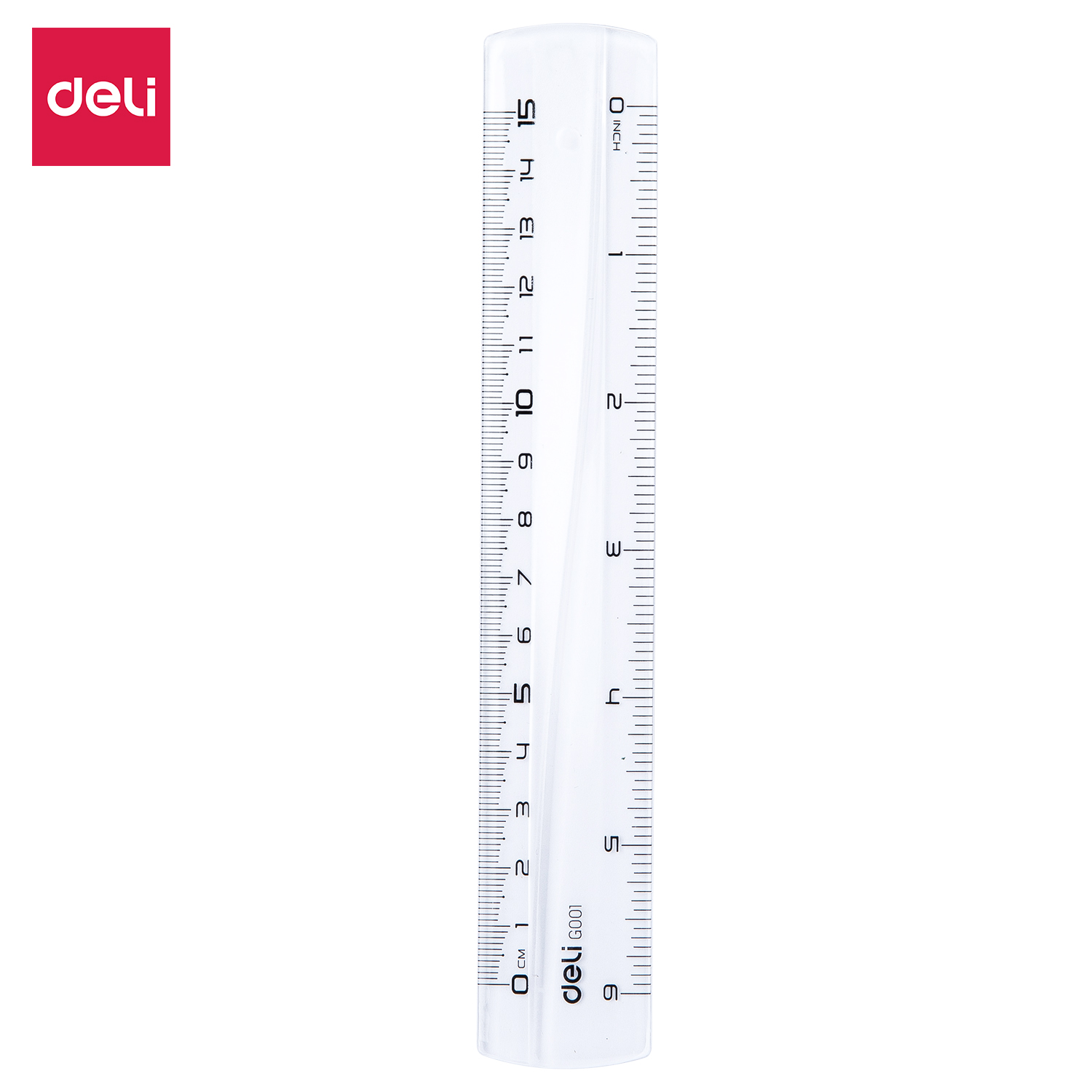 Skaidri Deli G001 liniuotė vertikaliai baltame fone su 0–15 cm skale kairėje, 0–6 colių skale dešinėje ir raudonu logotipu