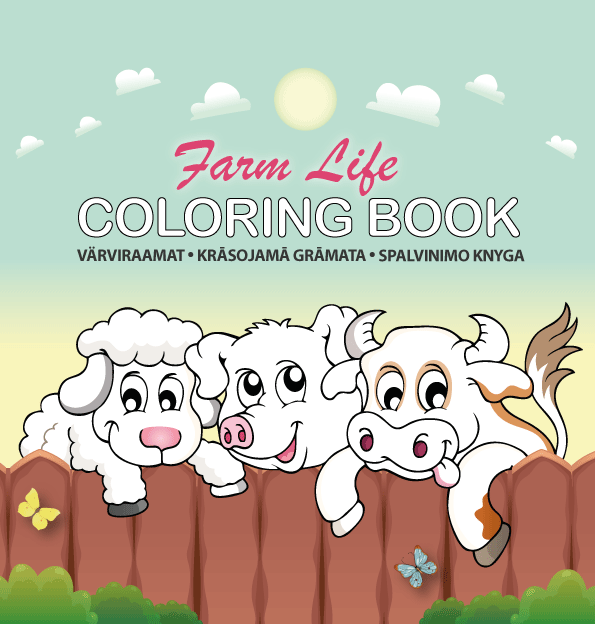 Farm Life Coloring Book viršelis su per rudą tvorą žvelgiančia avimi, kiaule ir karve, mėtiniu dangumi bei drugeliais