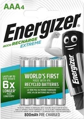 Energizer Accu Recharge Extreme pakuotė su keturiais AAA 800 mAh elementais, žalia perdirbtų baterijų etikete ir personažu