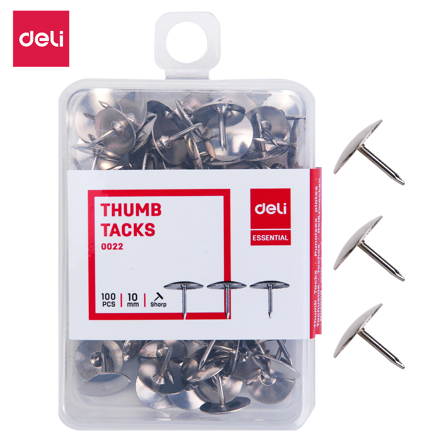 Skaidri Deli Thumb Tacks 0022 dėžutė su 100 PCS ir 10 mm žymomis, viduje metaliniai smeigtukai, dešinėje trys atskiri
