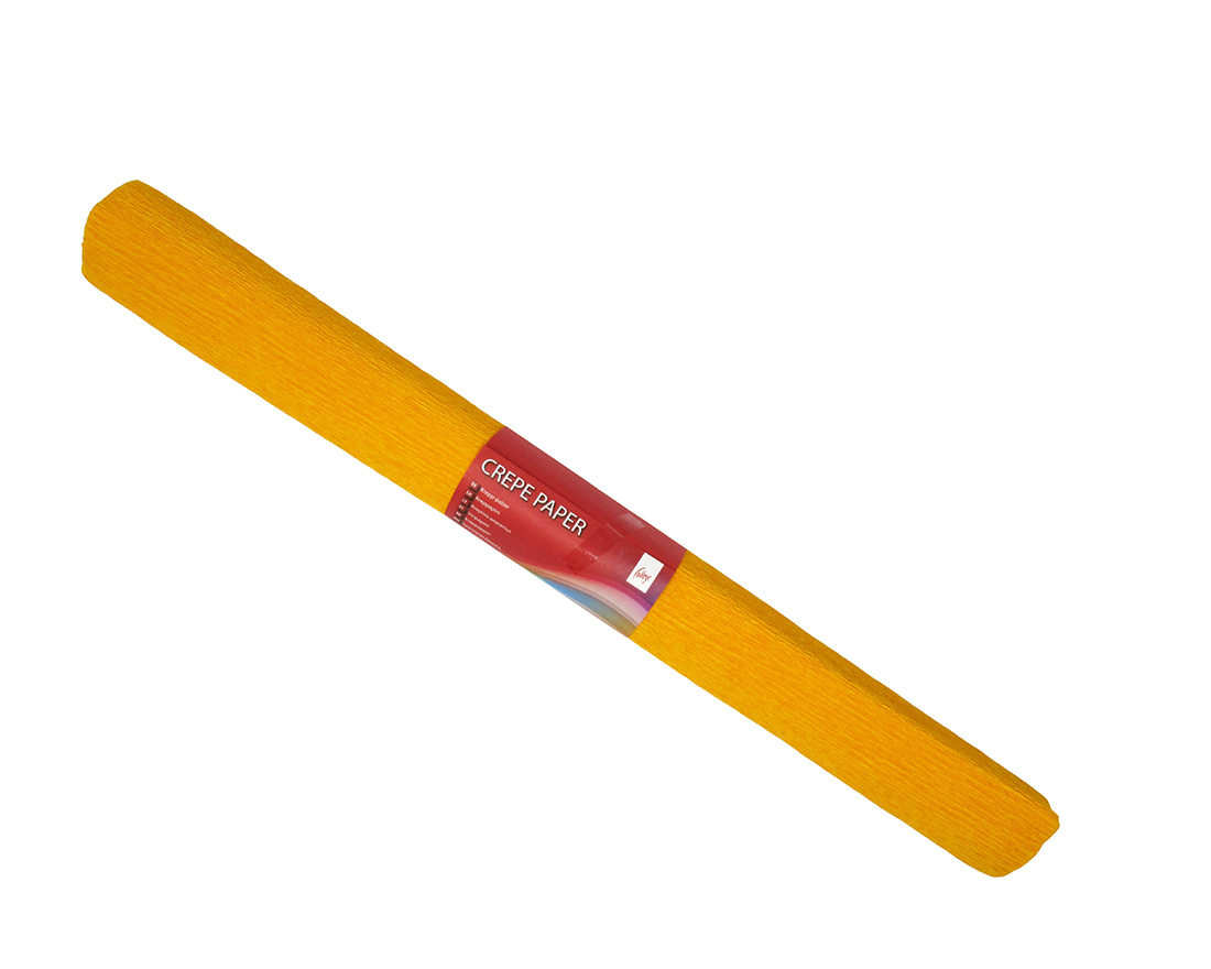 Įstrižai padėtas oranžinis krepinio popieriaus ritinys su smulkiomis raukšlelėmis ir raudona CREPE PAPER etikete