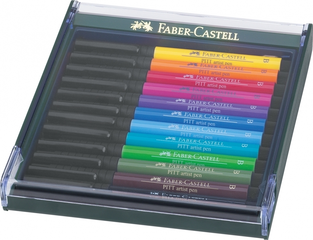 Skaidri dėžutė su dvylika ryškių spalvų Faber-Castell PITT Artist Pen žymeklių ir tamsiai žaliu rėmu