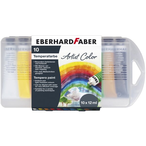 Skaidri Eberhard Faber Artist Color guašo dėžutė su rankena, dešimčia dažų indelių ir vaivorykštės etikete