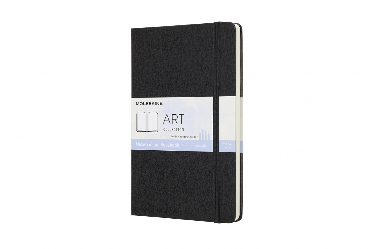 Juoda Moleskine Watercolour Notebook knygutė su Art Collection etikete, 200 g/m² žyma, teptukų piešiniu ir elastine juosta