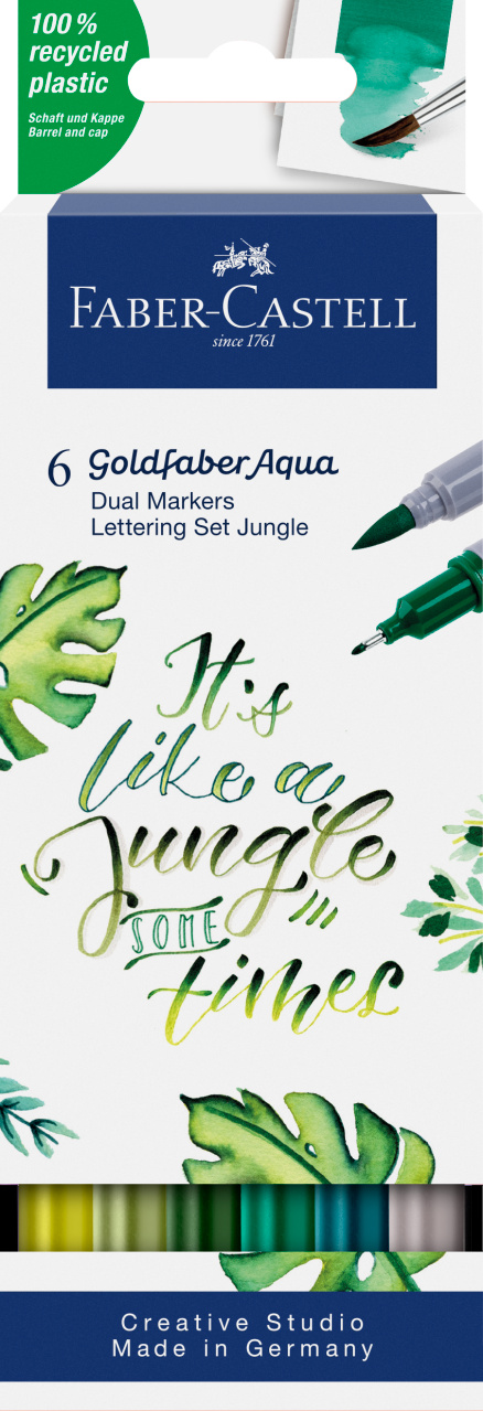 „Faber-Castell Goldfaber Aqua“ šešių dvipusių rašiklių dėžutė su žaliais lapais, kaligrafiniu užrašu ir spalvų juosta.