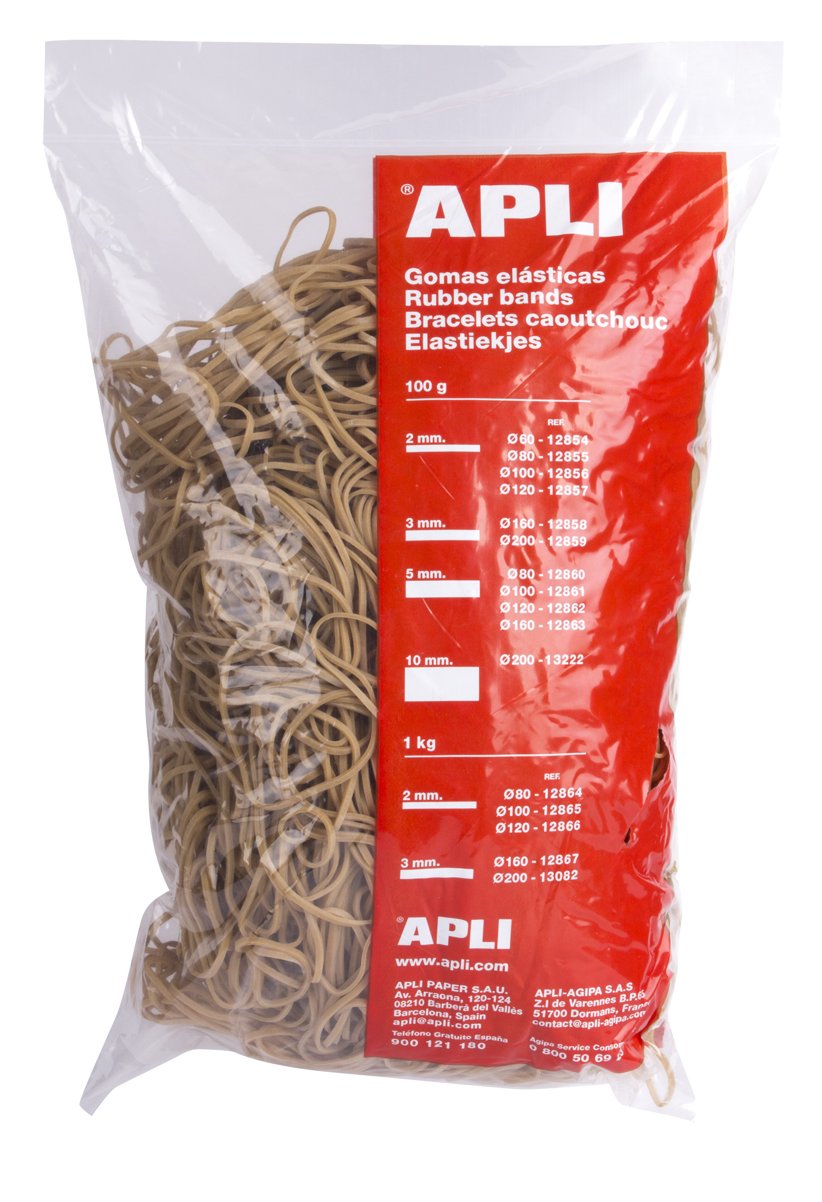 Skaidrus APLI maišas, pripildytas rudų gumelių, su raudona Rubber bands etikete ir 100 g bei 1 kg lentelėmis