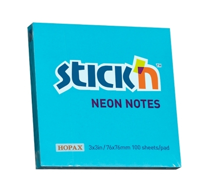 Storas ryškiai žydrų Stick'n Neon Notes lapelių blokelis su 76 × 76 mm ir 100 lapelių žymomis