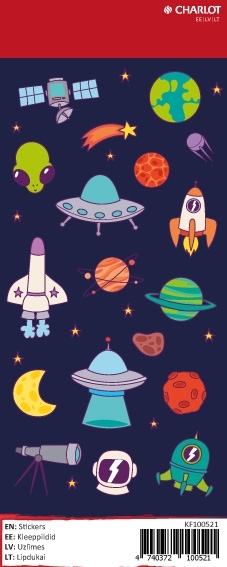 Tamsiai mėlynas Charlot lipdukų lapas su raketomis, planetomis, Žeme, skraidančiomis lėkštėmis, ateiviu ir žvaigždėmis