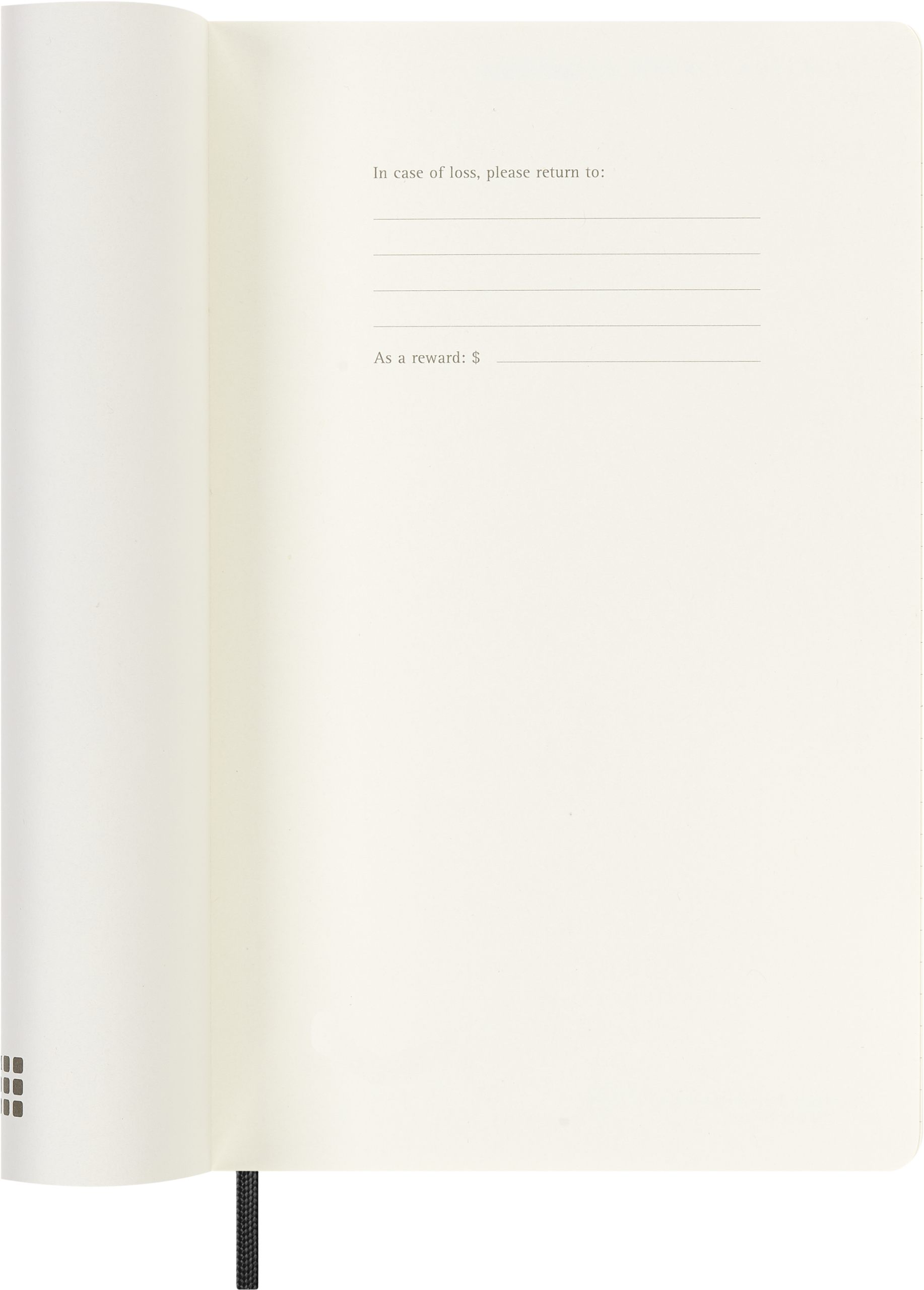 Kreminis Moleskine puslapis su In case of loss užrašu, kontaktų eilutėmis, As a reward laukeliu ir juodu skirtuku