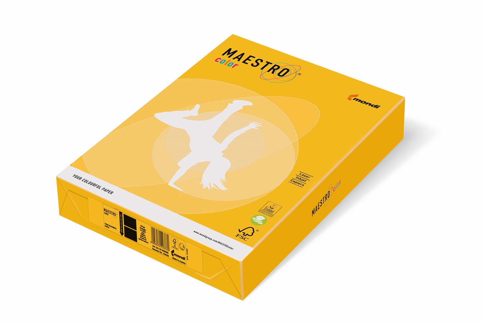 Geltona IQ Maestro Color A4 popieriaus pakuotė su baltu žmogaus siluetu, apskritimų grafika ir FSC ženklu