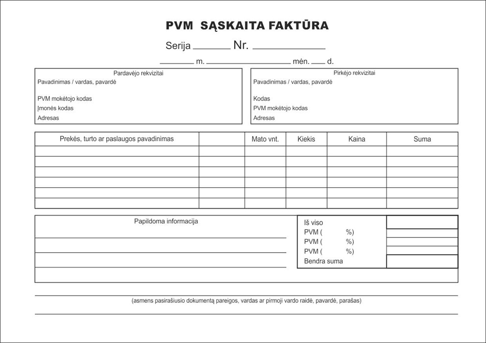 Baltas PVM sąskaitos faktūros blankas su serijos, numerio, datos, pardavėjo ir pirkėjo rekvizitų, prekių bei sumų laukais