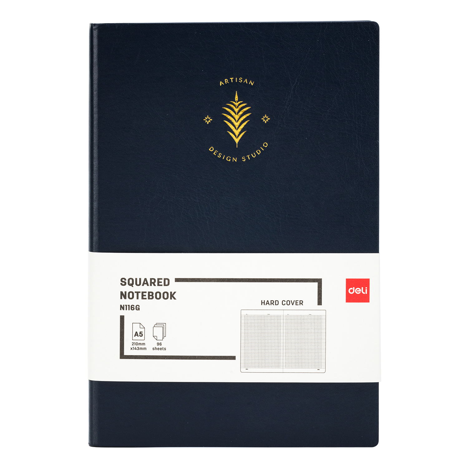 Tamsiai mėlyna Deli N116G A5 knygelė su aukso spalvos šakele ir balta Squared Notebook 96 sheets etikete