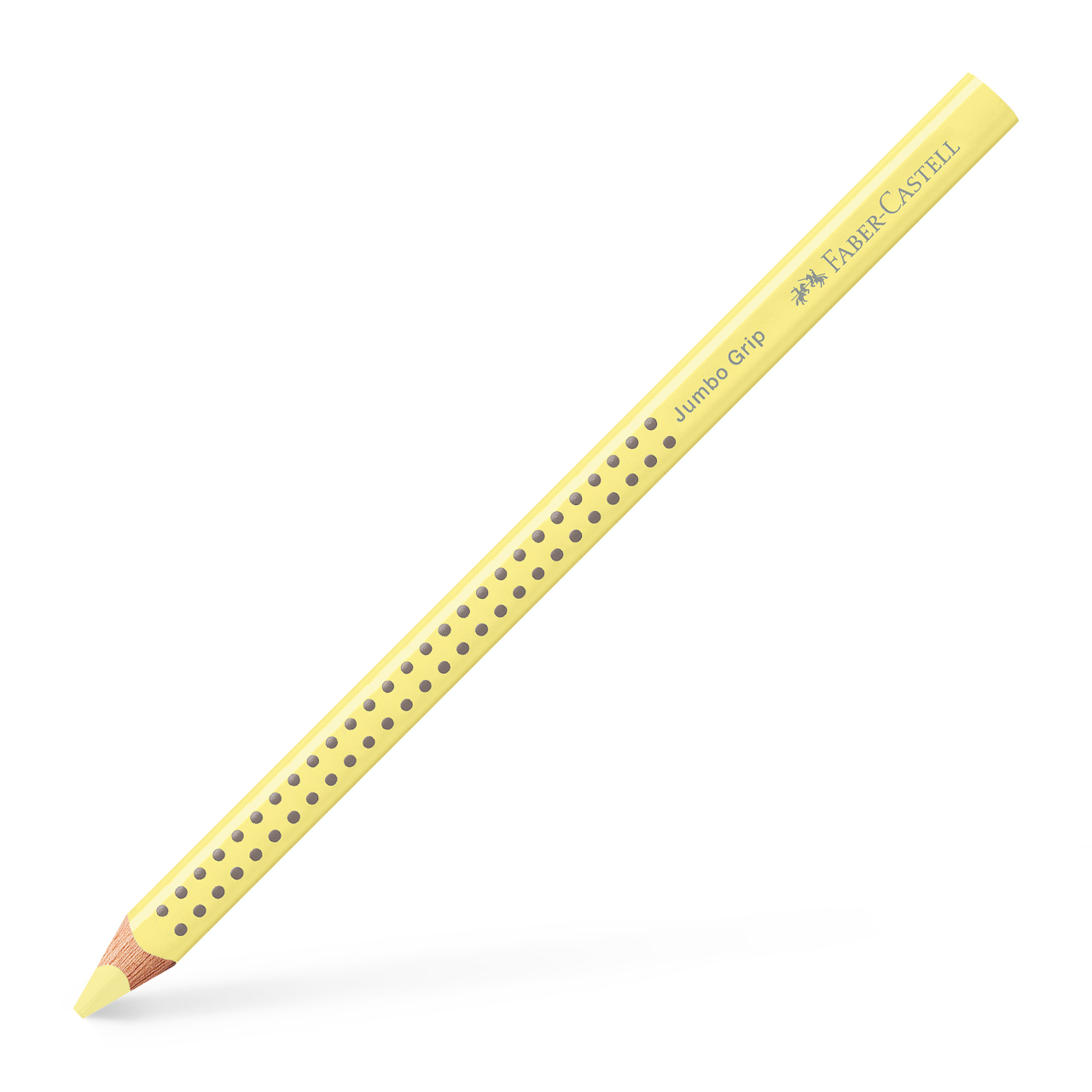 Įstrižai padėtas pastelinis geltonas Faber-Castell Jumbo Grip pieštukas su pilkais sukibimo taškais ir geltona šerdimi