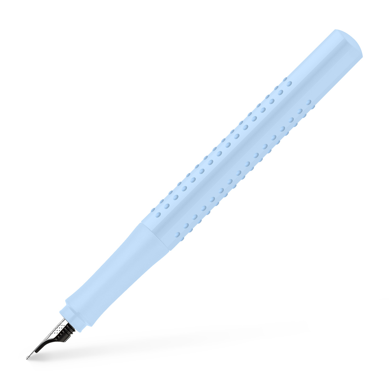 Įstrižas šviesiai mėlynas Faber-Castell Grip 2010 plunksnakotis su sidabrine M plunksna ir reljefinių ovalų eilėmis