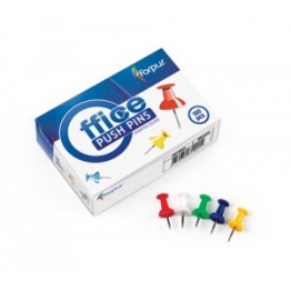 Mažame vaizde Forpus Office Push Pins dėžutė su 100 pcs ženklu ir penkiais spalvotais smeigtukais baltame fone