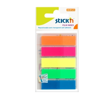 Stick'n pakuotėje sudėtos penkios plastikinių žymeklių juostelės: oranžinė, rožinė, geltona, žalia ir mėlyna