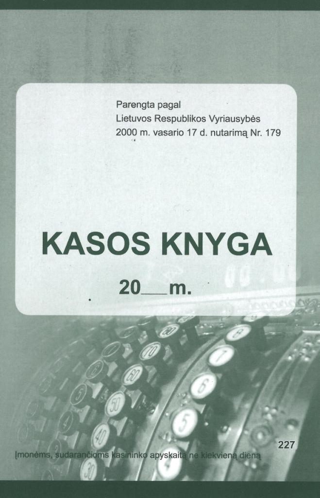 Kasos knygos viršelis su baltu pavadinimo laukeliu, metų įrašo vieta ir nespalvota seno kasos aparato klavišų fotografija