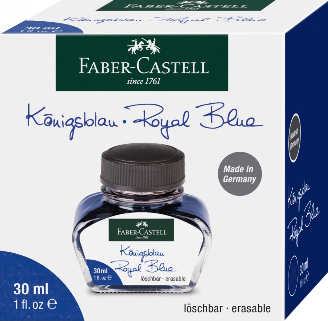 Faber-Castell Royal Blue 30 ml rašalo dėžutė su mėlyno rašalo buteliuko nuotrauka ir Made in Germany žyma