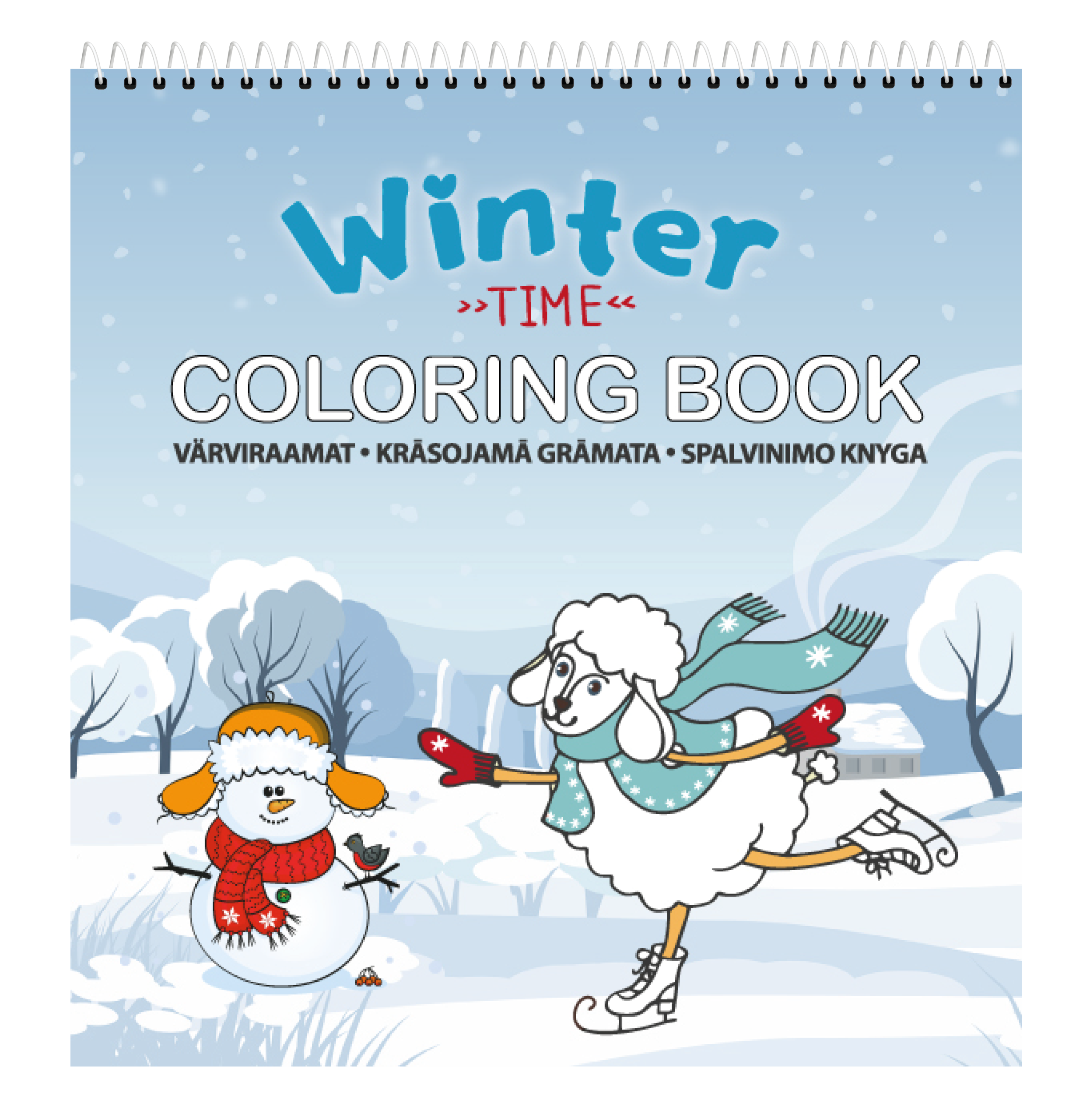 Žydras Winter Time Coloring Book viršelis su viršutine spirale, oranžiniu žiemos personažu ir balta avimi ant pačiūžų