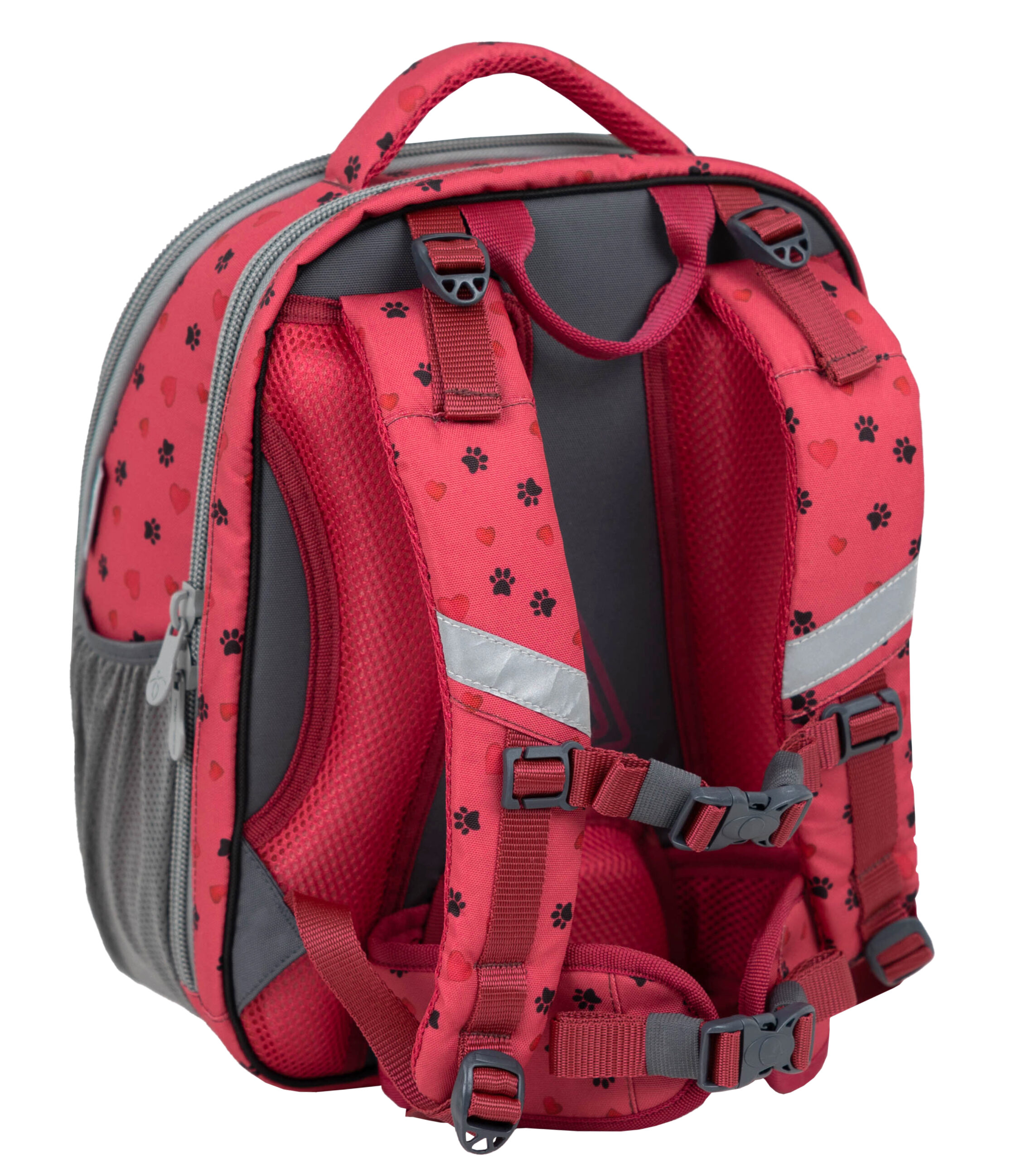 Raudonos Belmil kuprinės nugarėlė su tinklinėmis petnešomis, sidabro atšvaitais, reguliavimo diržais ir sagtimis