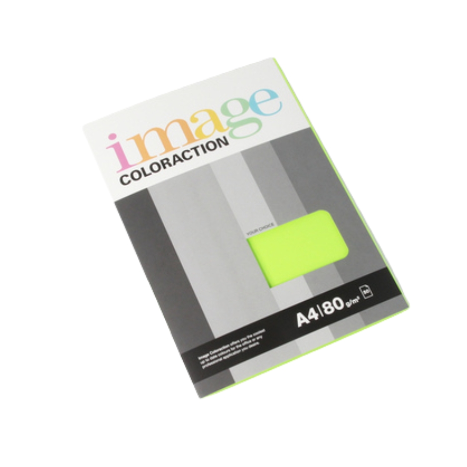 Pasukta Image Coloraction A4/80 popieriaus pakuotė su pilkais blokais, spalvotu logotipu ir ryškiai žaliu pavyzdžiu