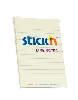 Šviesiai geltonas Stick'n Line Notes lapelių blokas su žaliomis horizontaliomis linijomis skaidrioje pakuotėje