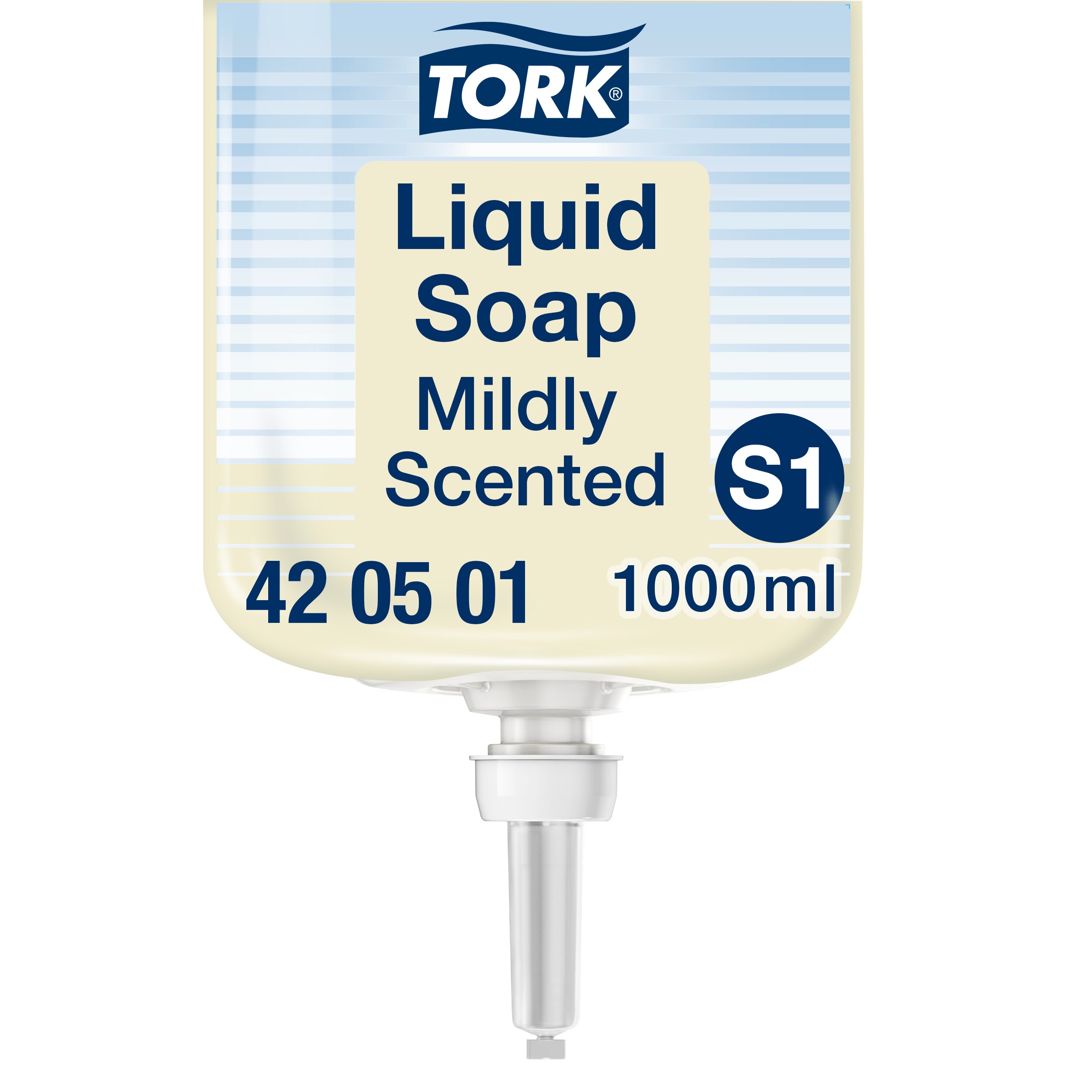 Apversta kreminio muilo Tork Liquid Soap Mildly Scented kasetė su S1, 42 05 01, 1000 ml ir ilgu baltu dozavimo kakleliu