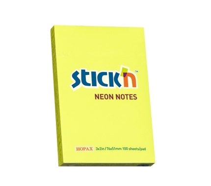 Neoninės geltonos spalvos Stick’n Neon Notes lipnių lapelių bloknotas su 76 × 51 mm ir 100 lapelių žyma