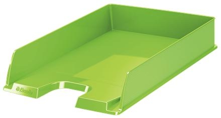 Ryškiai žalia plastikinė Esselte dokumentų lentynėlė su aukštais šonais ir pusapvale priekine išėma
