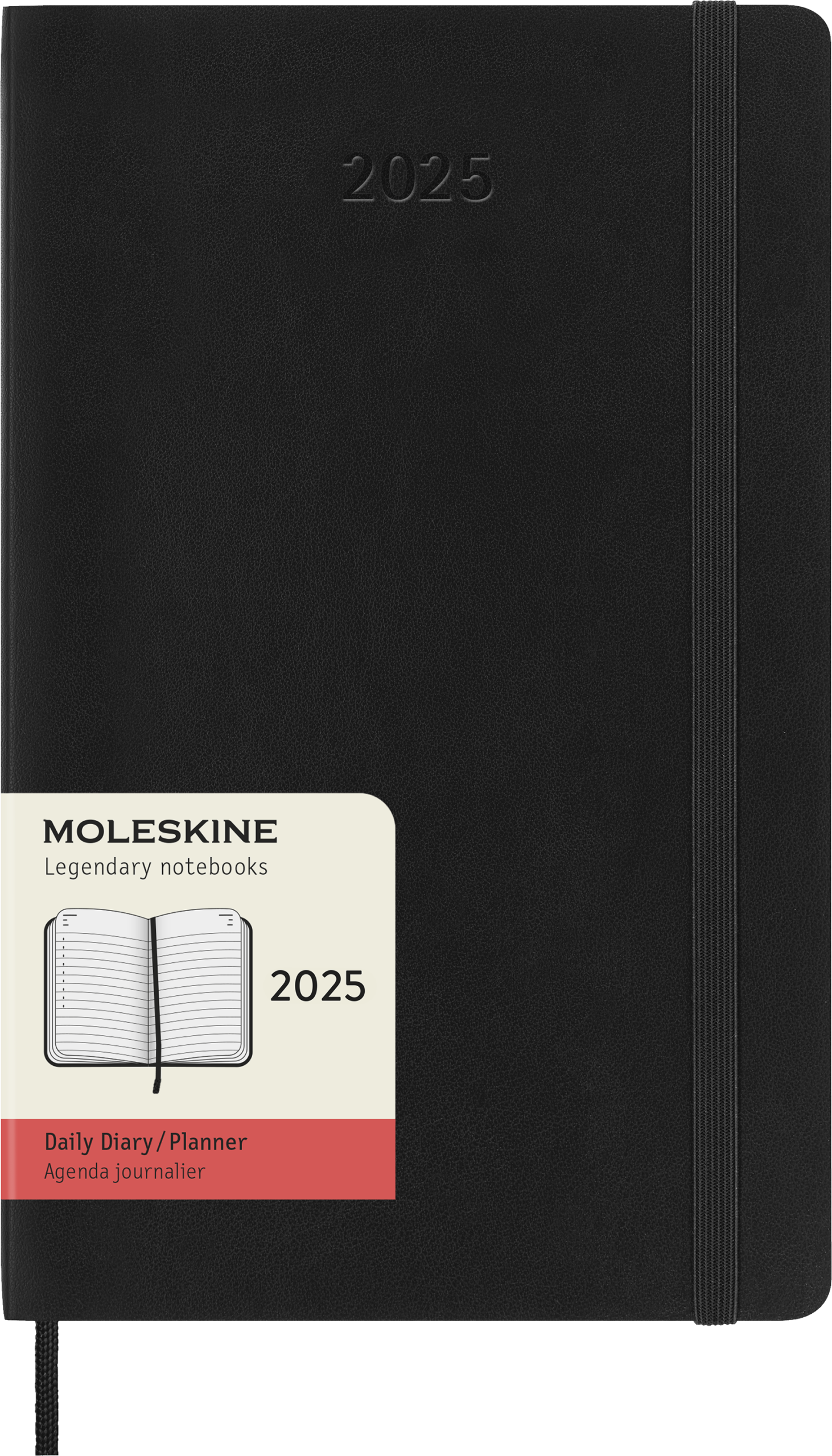 Juodas Moleskine 2025 Daily Diary planuoklis su įspaustais metais, elastine juosta, skirtuku ir kremine bei koralų etikete