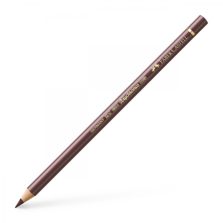 Įstrižai parodytas rusvai violetinis Faber-Castell Polychromos 176 pieštukas su auksiniais įrašais ir tamsia ruda šerdimi