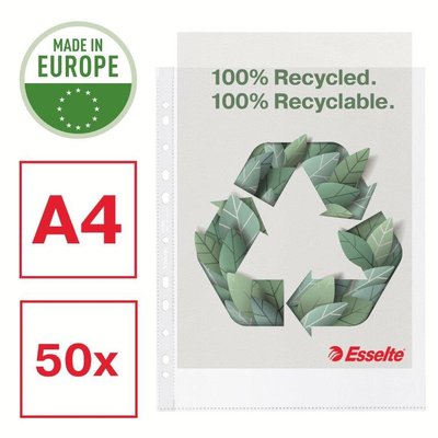 Esselte Recycle A4 įmautė su žaliu perdirbimo simboliu, 100% Recycled ir Recyclable užrašais, Made in Europe bei 50x žymomis
