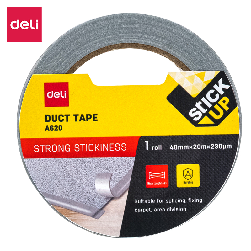 Pilkos Deli A620 tekstilinės lipnios juostos ritinys su geltona STICK UP etikete ir 48 mm × 20 m matmenų žyma